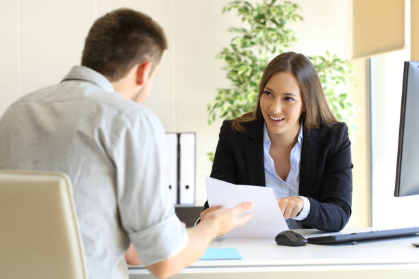 istock Businessman talking in a job interview 638883012