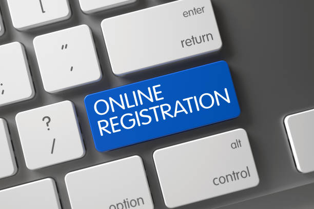 istock Keyboard with Blue Key - Online Registration. 3D. 638883570