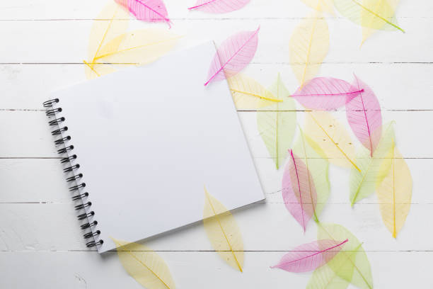 istock Spiral notebook with color dried leaves on white wood background 638883576