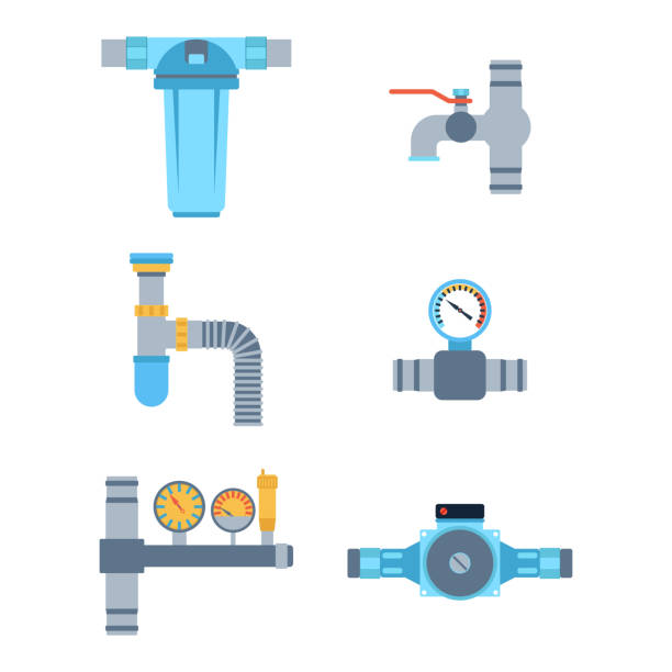 Pipes vector icons isolated. Details pipes different types collection. Vector set of water tube industry, gas valve construction. Oil industrial pressure technology plumbing. Steel factory engineering. pvc flange stock illustrations