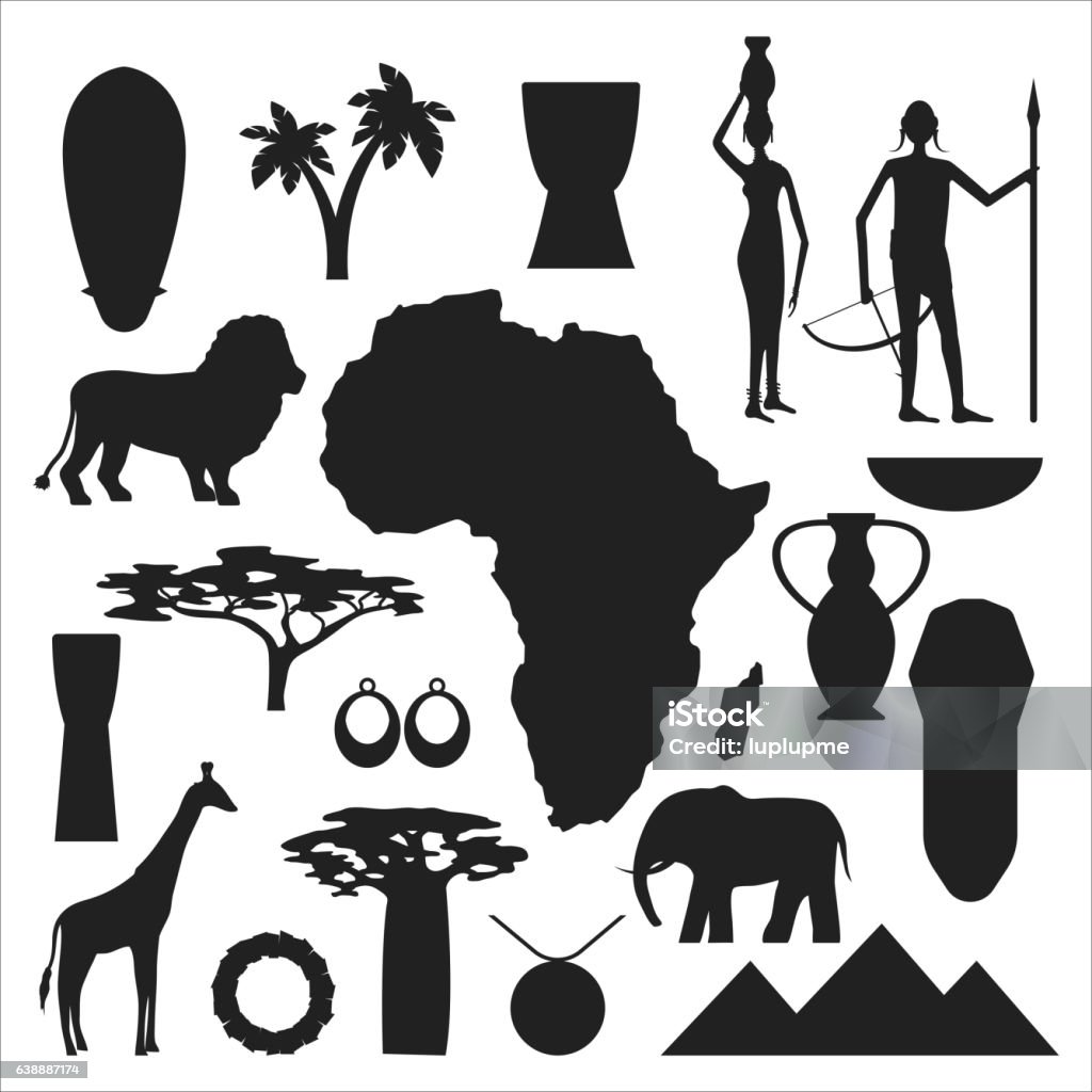 Africa symbols and travel vector set. African symbols and travel safari icon element set. Poster ethnic art south ancient animal vector design. Abstract wildlife mask ancient pattern. Icon Symbol stock vector