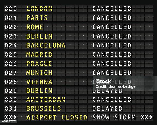 Flight Information Display During A Blizzard Stock Illustration - Download Image Now - Commercial Airplane, Flying, Cancellation