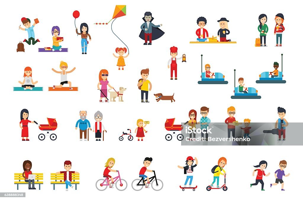 People rest in the park vector flat design isolated People rest in the park vector flat design isolated on white background for infographic creation. Students, kids, children, women, men, adult, grandparents in colorful clothes do activities, walk. Infographic stock vector