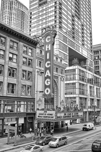 Chicago, United States - October 15, 2016: Exterior of The Chicago Theatre. The building was added to the National Register of Historic Places June 6, 1979.