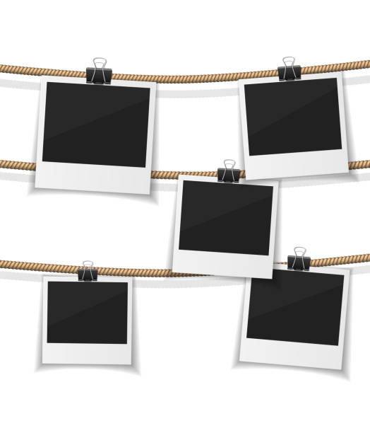 Set of vector  photo hanged on rope. Realistic retro style Instant photo frame collection. Vector  photo hanged on a rope. Retro photos on a thread. Collect moments string photos stock illustrations