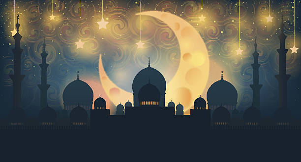 Mosque silhouette in night sky with crescent moon and star Islam. Mosque silhouette in night sky with crescent moon and star moon silhouettes stock illustrations