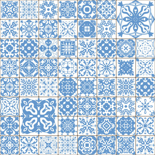 Seamless tile pattern. Square flower blue mosaic. vector. Gorgeous seamless patchwork pattern from dark blue and white Moroccan tiles, ornaments. Can be used for wallpaper, pattern fills, web page background,surface texturesLuxury oriental tile seamless pattern. Colorful floral patchwork background. Boho chic style. Rich flower ornament. Square design elements. Portuguese moroccan motif. Unusual flourish print. mexican tile cross stock illustrations