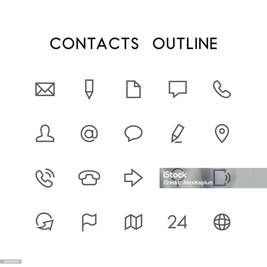 Contacts outline icon set Contacts outline icon set - envelope, pencil, document, phone, chat, mail, man, arrow, globe, map, address  and others simple vector symbols. Website and business signs. Icon Symbol stock vector
