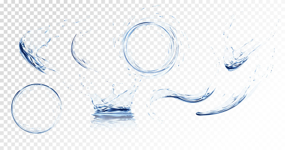 Set of transparent water splashes, water drops and crown from falling into the water in light blue colors, isolated on transparent background. Transparency only in vector file.