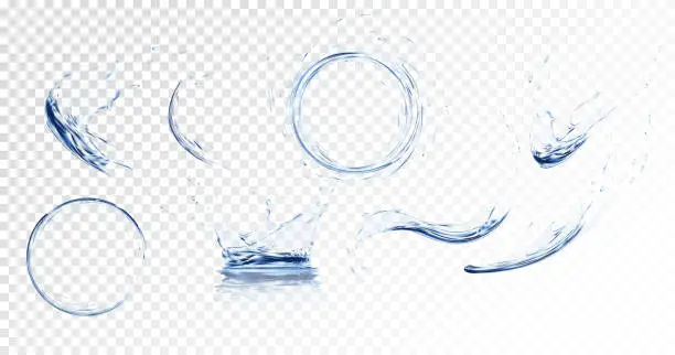 Vector illustration of Transparent water wave set with bubbles. Vector illustration in blue.