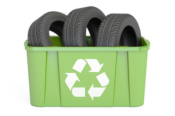 riciclaggio cestino con pneumatici di auto, rendering 3d - tire recycling recycling symbol transportation foto e immagini stock