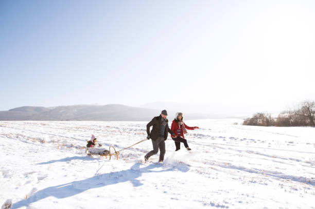 istock Father and mother pulling daughter on sledge, running. Winter na 638901700