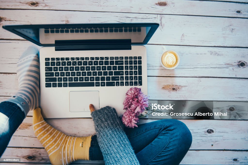 Home office concept: girl working at home Humor Stock Photo