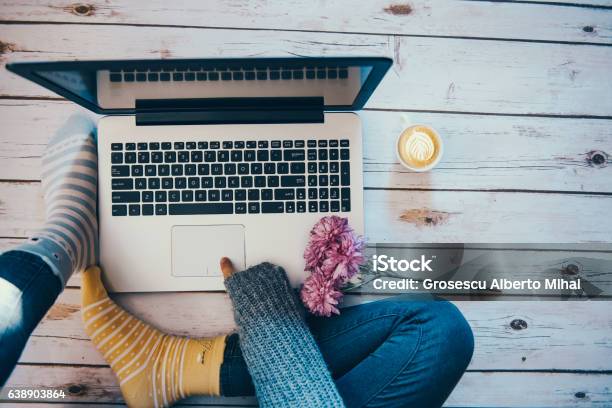 Home Office Concept Girl Working At Home Stock Photo - Download Image Now - Humor, Women, Adult