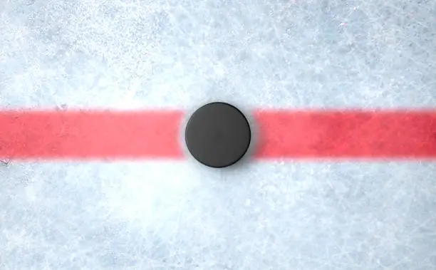 A 3D render of the center mark of an ice hockey rink stadium with a hockey puck