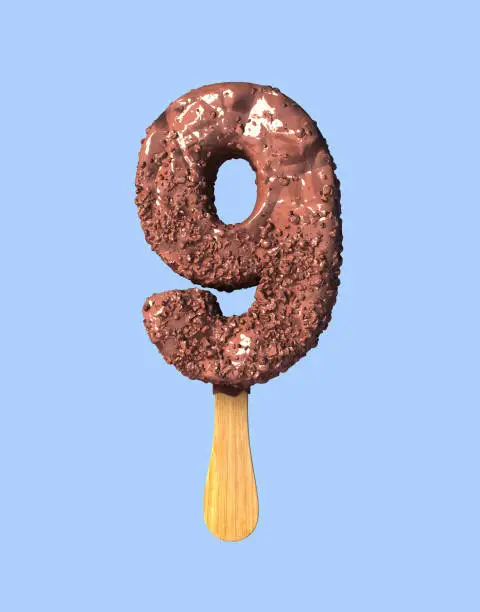 Number 9, Nine. Chocolate Ice Cream Font Concept. 3d rendering isolated