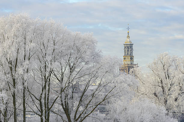 istock Frozen trees with the Nieuwe Toren (New Tower) in Kampen 638909524