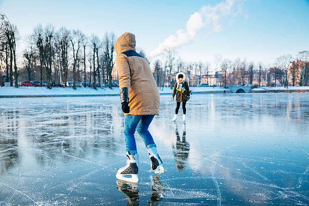 Ice skating on the frozen lake