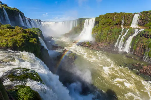 Iguazu Falls (Cataratas del Iguazu) are waterfalls of the Iguazu River on the border of the Argentina and the Brazil. Iguazu are the largest waterfalls system in the world.