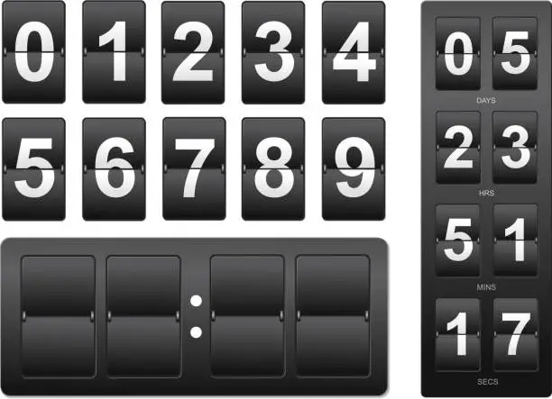Vector illustration of Countdown timer. Black mechanical scoreboard panel illustration on white background
