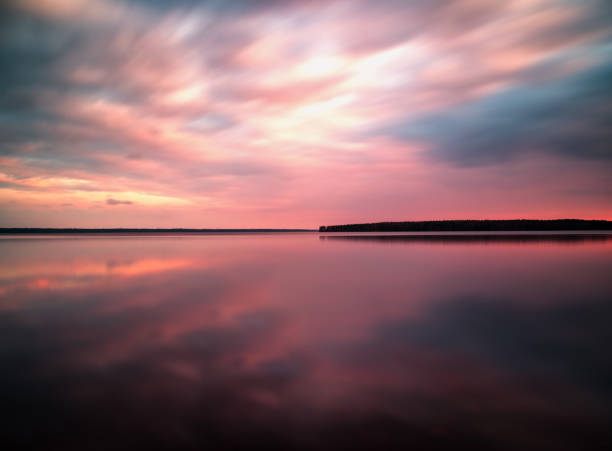 Vivid sunset sunrise horizon lake reflections landscape 