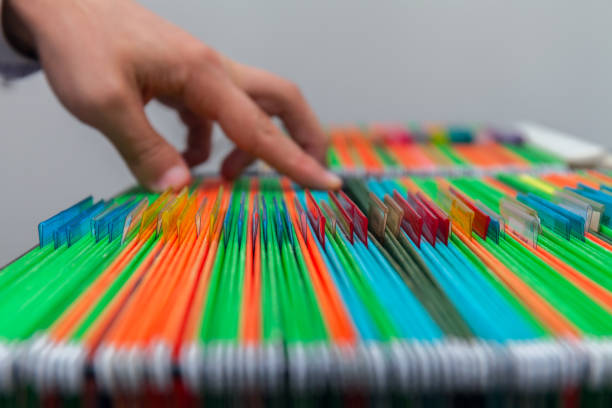 istock Abstract background colorful hanging file folders in drawer. Mans hand 638912930
