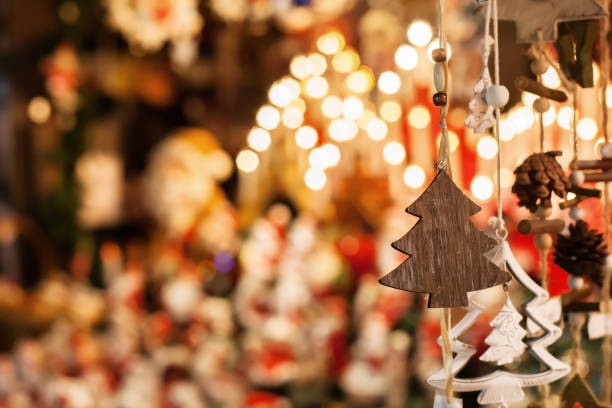 christmas decoration tree in the shop, winter market in Europe stock photo