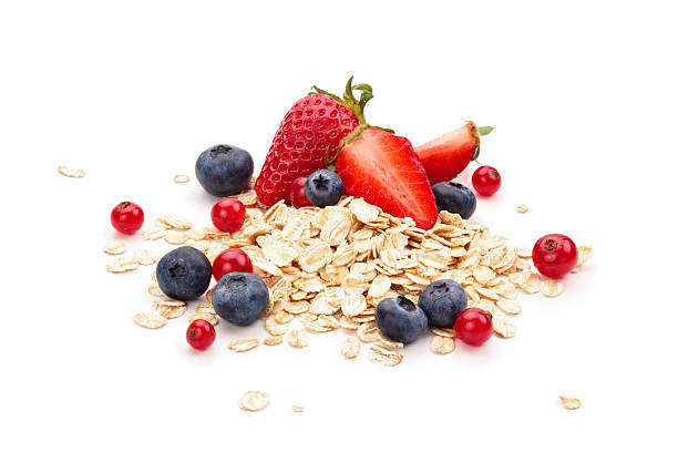 avena, frutas y miel. - cereal breakfast granola healthy eating fotografías e imágenes de stock