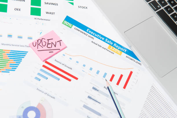 istock Office desk table with business paper, pen, postit, notebook, ke 638923236