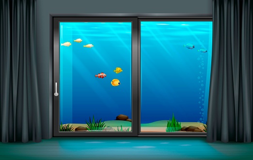 Interior underwater hotel with panoramic window. Vector graphics. Transparent glass