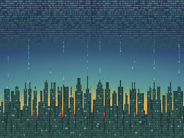 도시 온라인. 추상적 미래디지털 도시, 클라우드 연결 - computer language binary code coding city stock illustrations