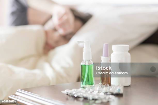 Lot Of Medicines On Night Table Stock Photo - Download Image Now - Adult, Bed - Furniture, Bedroom