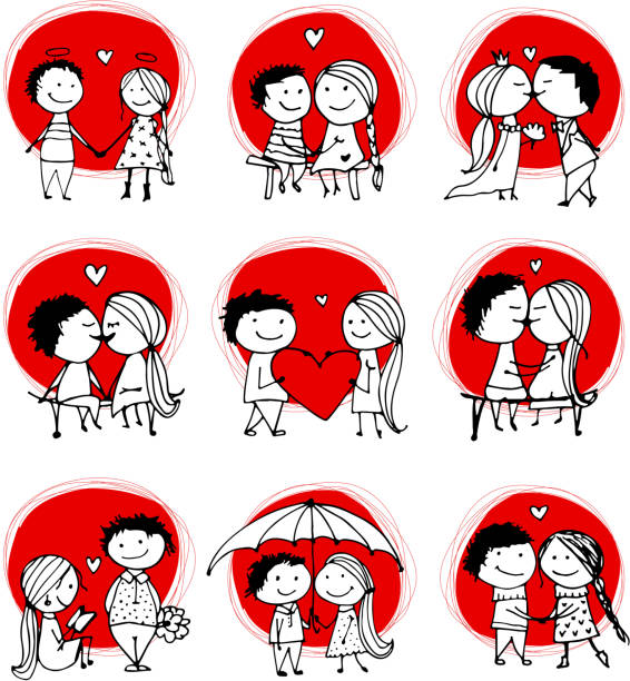 couple in love kissing, валентина эскиз для вашего дизайна - love valentines day heart shape kissing stock illustrations