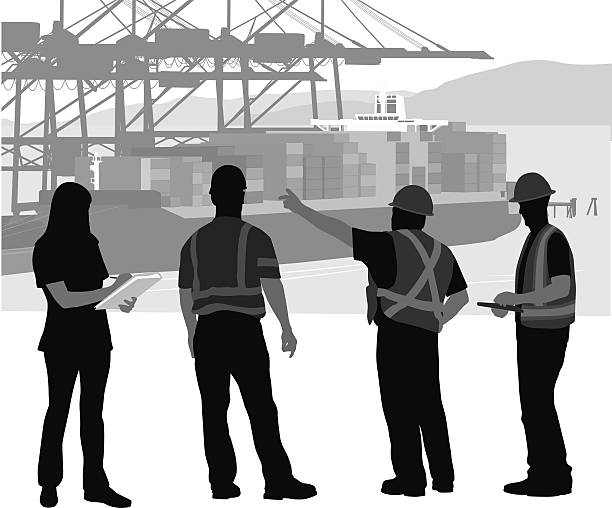 ilustrações, clipart, desenhos animados e ícones de foreman instruindo os trabalhadores no porto - silhouette men foreman mature adult