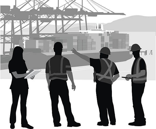Foreman Instructing The Workers At The Port A vector silhouette illustration of a construction crew giving a direction to a young woman writing on a clipboard.  The three construction crew men wear hard hats and safety vests.  In the background is a cargo ship carrying shipping containers moured at a shippign dock. industry silhouettes stock illustrations