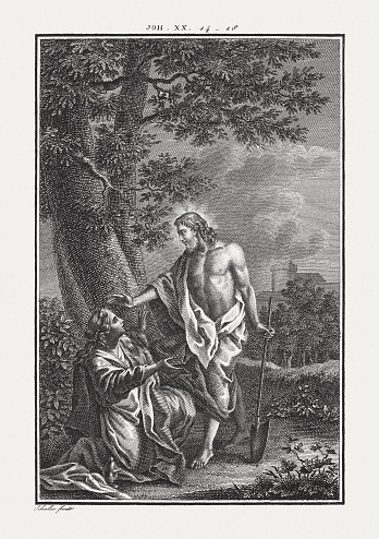 Man consoles old woman by tree from an 1886 antique book \
