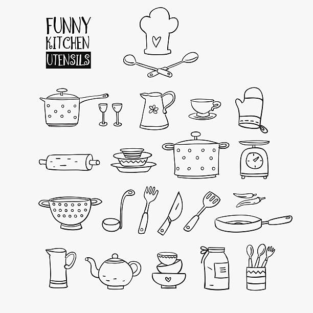 Funny kitchen utensils set Funny kitchen utensils set made of pan, tumbler glass, pitcher, cup, rolling pin, plate, casserole, balance, flatware, soup ladle, knife, spoon,fork, teapot, mitten and colander cooking drawings stock illustrations