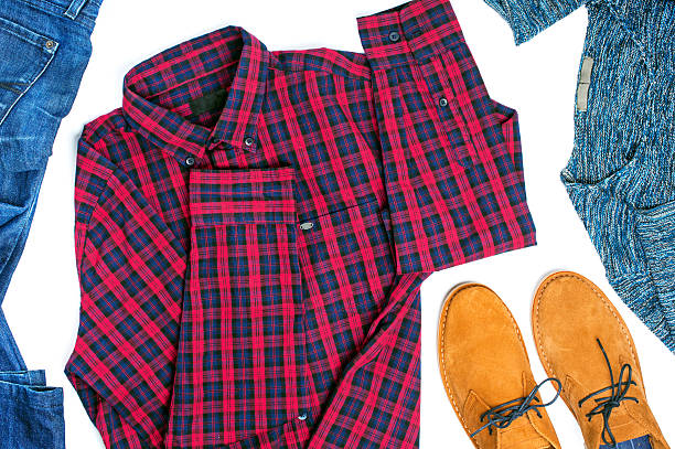 Flat lay menswear on white background, top view