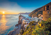 Vernazza at sunset, Cinque Terre National Park, Ligurian Riviera, Italy