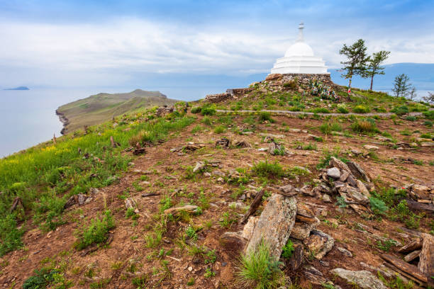 Buddhist Stupa at Ogoy island on Baikal lake. Ogoy is the largest island in the Maloe More strait of Lake Baikal.