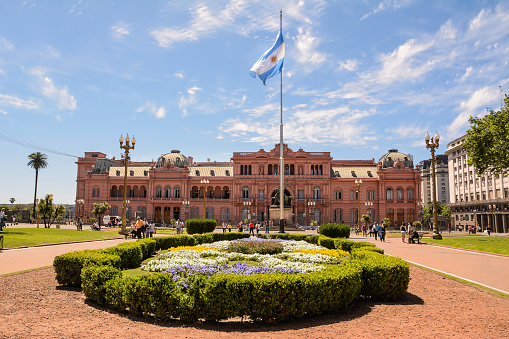 Buenos Aires, Argentina - October 30, 2016: Casa Rosada in Plaza de Mayo in Buenos aires with tourist in a sunny day.