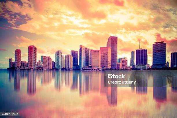 Colorful Sunset Miami Skyline Stock Photo - Download Image Now - Miami, Urban Skyline, Multi Colored