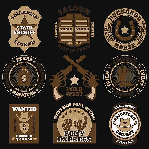 ilustrações de stock, clip art, desenhos animados e ícones de wild west badges on black background - cowboy hat hat wild west black