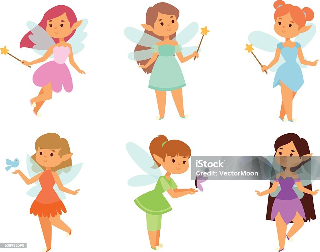 Fairies cartoon character vector. Cute and beautiful princess fairy vector character. Style cartoon little girl in fashion costume, magic fantasy dress crown kid. Happy sweet teenage with wings. Fairy stock vector