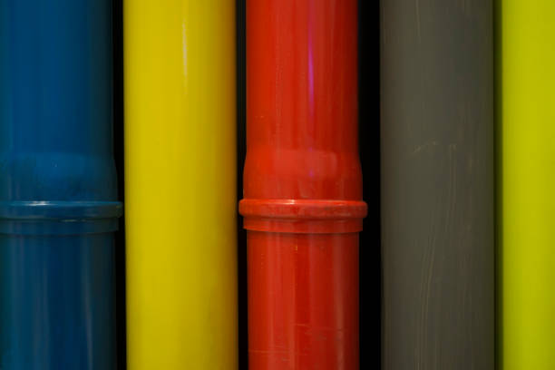 Decorative wall with multi coloured  PVC water pipes.