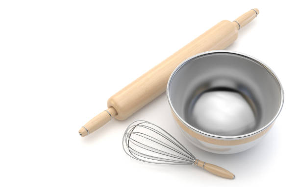 ワイヤー泡立て器、木製のローリングピン、クロムボウル。3d - kitchen utensil wire whisk cooking utensil rolling pin点のイラスト素材／クリップアート素材／マンガ素材／アイコン素材