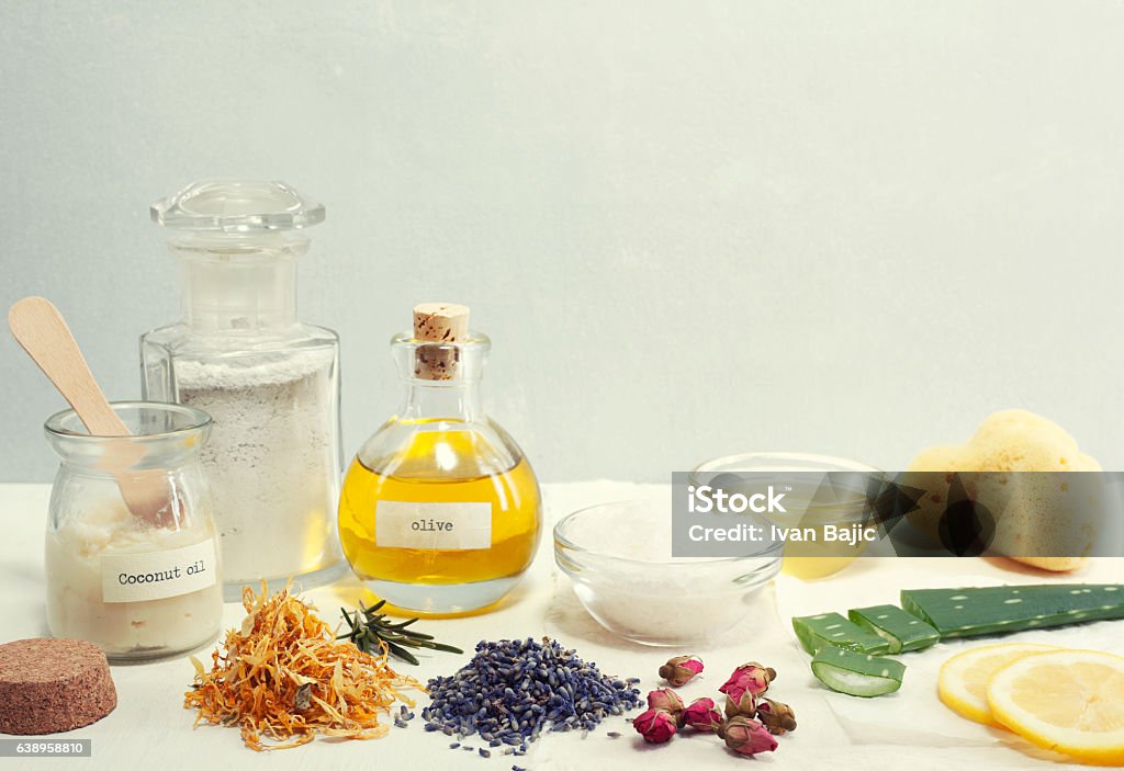Natural Cosmetic Ingredients Spa still life of organic and natural skin care cosmetics. Make-Up Stock Photo