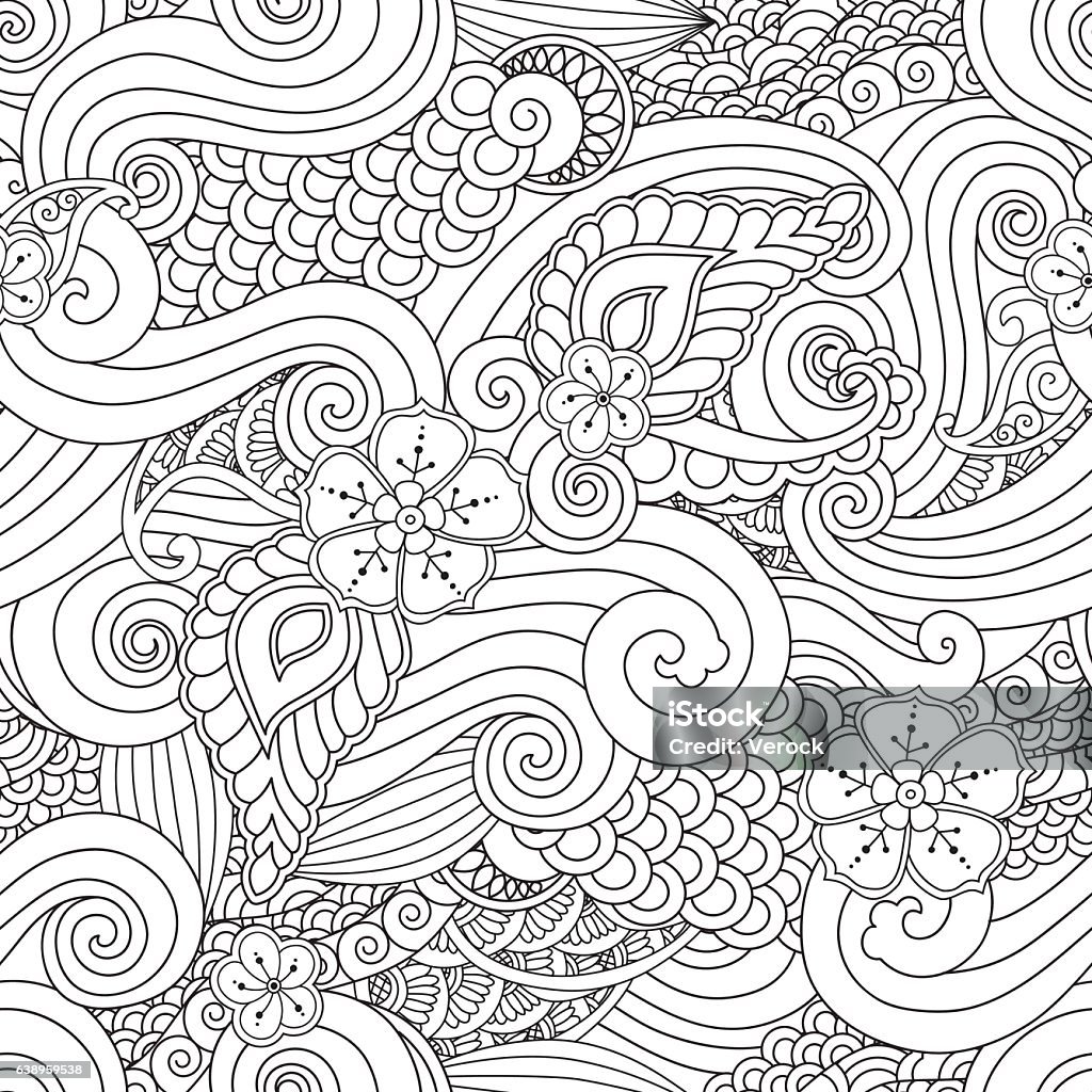 Abstract hasian stylized ornament seamless pattern with flowers and curls Abstract hand drawn outline asian stylized ornament seamless pattern with flowers and curls isolated on white background. oloring book for adult and older children. Art vector illustration. Abstract stock vector