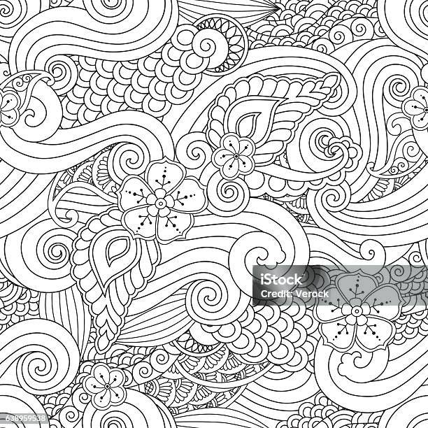 Abstract Hasian Stylized Ornament Seamless Pattern With Flowers And Curls Stock Illustration - Download Image Now