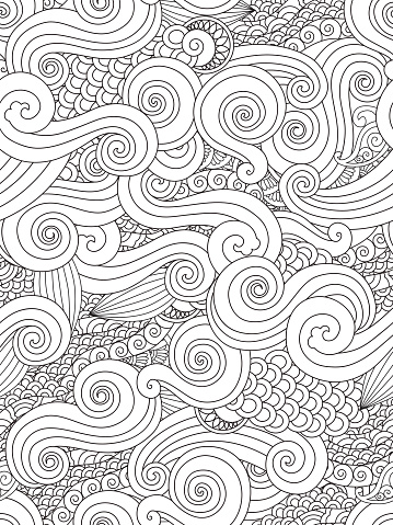 Abstract hand drawn outline wave curl seamless pattern in east asian style isolated on white background. oloring book for adult and older children. Art vector illustration.